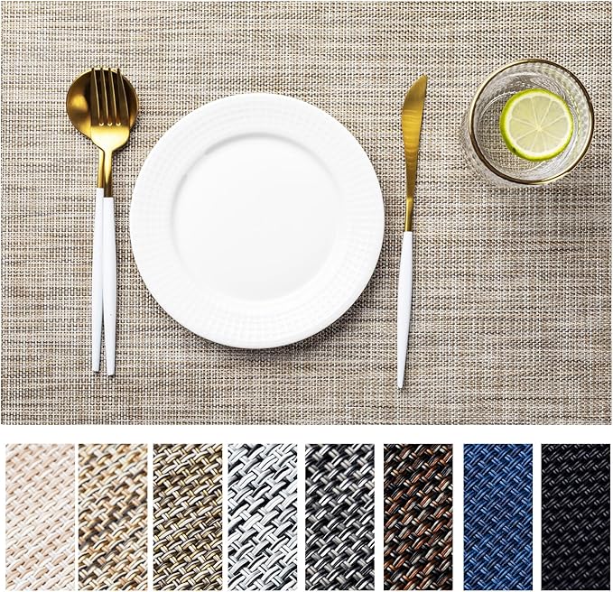 LEXMORE Placemats Set of 6 Vinyl/Plastic Woven Place Mats for Kitchen Table Indoor/Outdoor Washable Placemat Wipeable Dining Table Mats(Caramel)