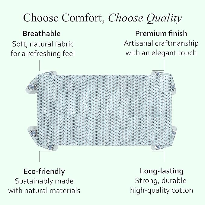 CPC Tablecloth 100% Cotton 60x90 Inch Indian Block Print Rectangle Table Cover, Washable Table Cloth for Weddings, Spring/Summer, Barbeque - Poppy Blue