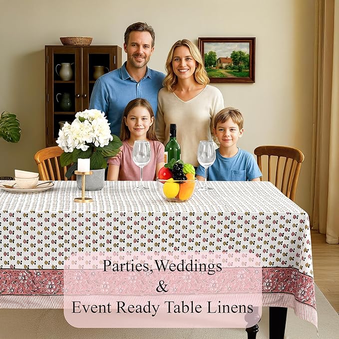 CPC Rosette Bloom Tablecloth 100% Cotton 80x120 Inch Indian Block Print Rectangle Table Cover, Table Cloth for Gifting in Weddings, Halloween, Fall, Christmas, Thanksgiving