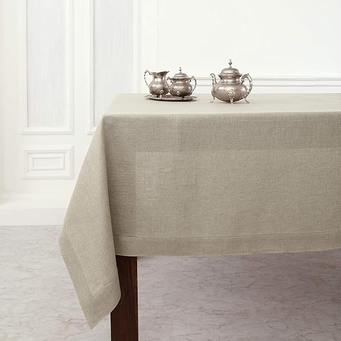 Solino Home Natural Linen Tablecloth 52 x 52 Inch - 100% Pure Linen Square Table Throw - Classic Hemstitch, Machine Washable Table Cloth for Spring, Easter