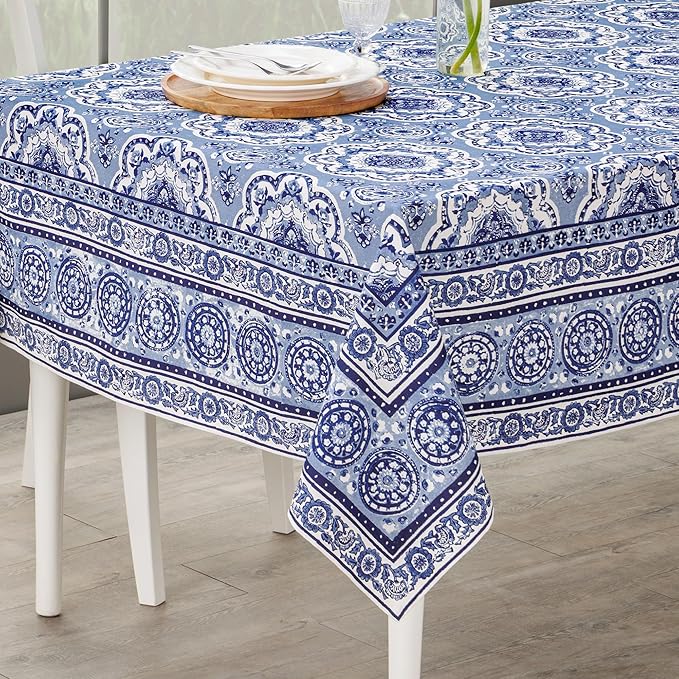 Maison d' Hermine Table Cloth Rectangle Table 100% Cotton 70 x 90 Inches Tablecloth Reusable Decorative for Dining Room Farmhouse Home Valentines Day Decorations Spring Summer - Melodie Bleue
