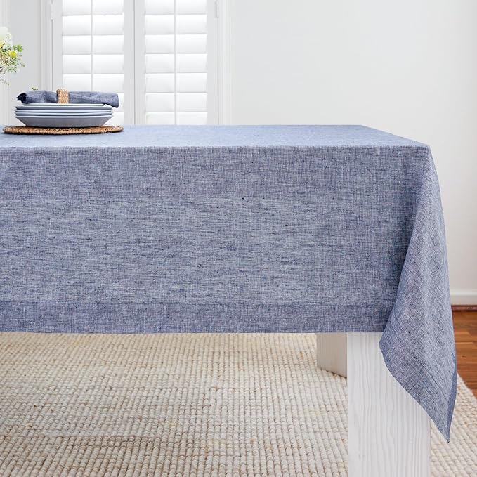 Solino Home Linen Tablecloth 60 x 120 Inch - 100% Pure Linen Chambray Indigo Table Cloth for Rectangle Tables - Athena, Machine Washable Tablecloth for Spring, Easter