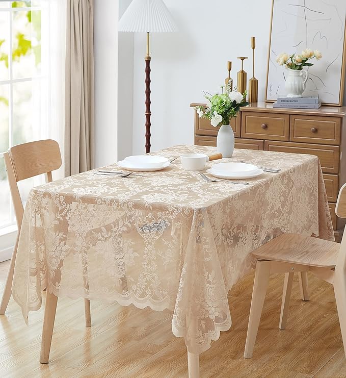 Warm Home Designs 60 x 120 Lace Tablecloth. Linen Gold Rectangle Tablecloth with English Rose Design. Rectangular Tablecloth, Rustic Tablecloth or Dining Table Cover for 10-12 Guests. LTC Linen 120"