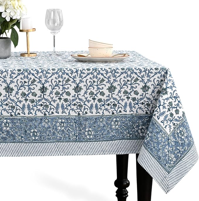 CPC Ocean Vine Tablecloth 100% Cotton 60x90 Inch Indian Block Print Rectangle Table Cover, Table Cloth for Gifting in Weddings, Halloween, Fall, Christmas, Thanksgiving