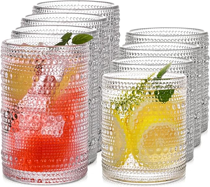 Vintage Hobnail Drinking Glasses Set of 8，15 oz Highball Glasses & 12 oz Cocktail Glasses，Drinkware Kitchen Glasses for Cocktail, Iced Coffee, Beer, Ice Tea, Wine, Whiskey, Water