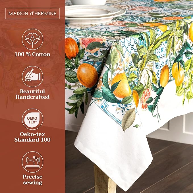 Maison d' Hermine Table Cloth Rectangle Table 100% Cotton 70 x 108 Inches Tablecloth Reusable Decorative for Dining Room Farmhouse Home Valentines Day Decorations Spring Summer - Agrume