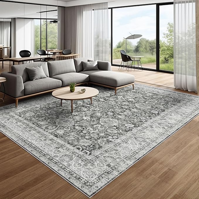 Deerly Area Rugs 9x12 Rug Living Room Distressed Area Rugs, Non Slip Large Washable Rugs for Bedroom Dining Room Office, Floor Decoration Big Rug Low-Pile Grey