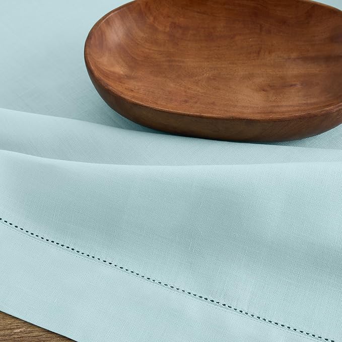 Solino Home Linen Tablecloth for Rectangle Tables 60 x 120 Inch - Classic Hemstitch 100% Pure Linen Aqua Blue Table Cloth - Machine Washable Cloth Tablecloth for Spring, Easter