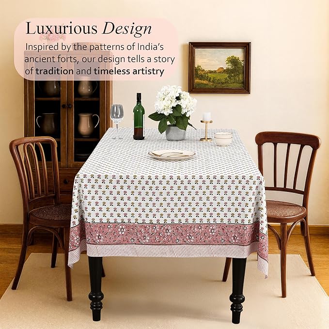 CPC Rosette Bloom Tablecloth 100% Cotton 60x90 Inch Indian Block Print Rectangle Table Cover, Table Cloth for Gifting in Weddings, Halloween, Fall, Christmas, Thanksgiving