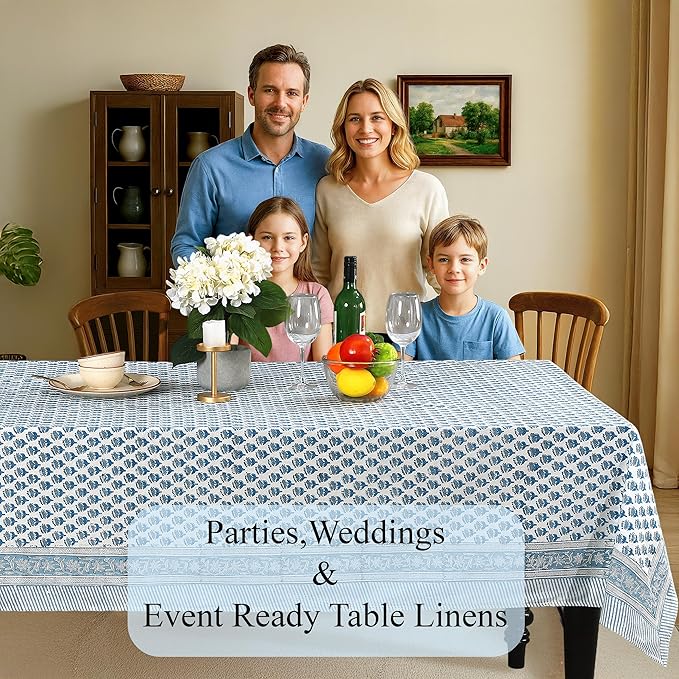 CPC Tablecloth 100% Cotton 72x140 Inch Indian Block Print Rectangle Table Cover, Blue Table Cloth for Weddings, Spring/Summer, Barbeque - Apatite Blue