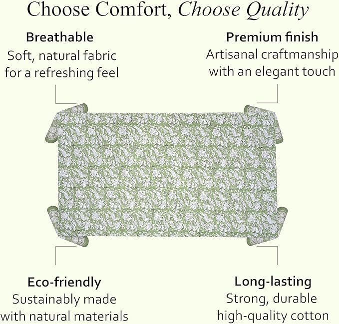 CPC Tablecloth 100% Cotton 70x108 Inch Indian Block Print Rectangle Table Cover, Green Table Cloth for Weddings, Spring/Summer, Barbeque - Olive Green