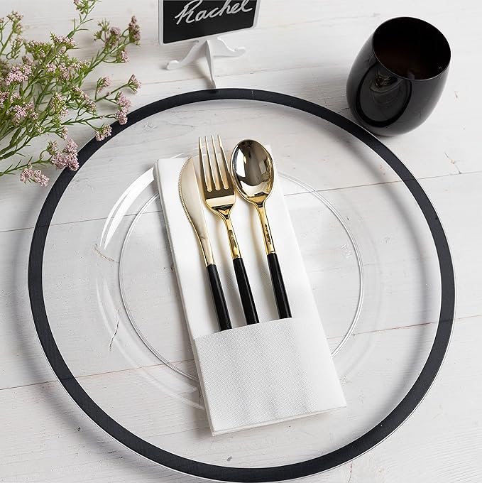 PARTY BARGAINS 13-Inch Charger Plates - 8 Pack, Clear Black Rim, Heavy-Duty Disposable Chargers for Elegant Dining - Ideal for Weddings and Formal Events