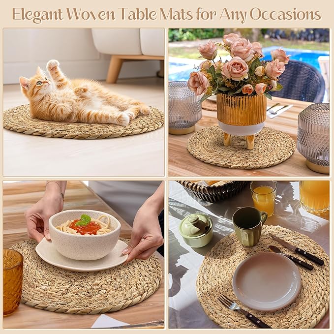 Aneco 24 Pack 12-Inch Round Woven Placemats Natural Hand-Woven Boho Rattan Wicker Bulrush Placemat Farmhouse Rustic Braided Table Mats for Dining & Kitchen Decor