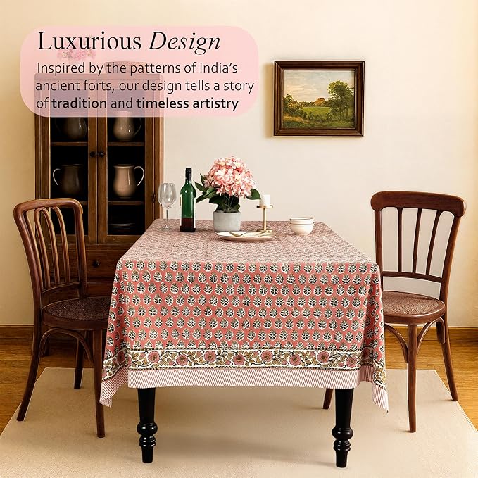 CPC Tablecloth 100% Cotton 70x118 Inch Indian Block Print Rectangle Table Cover, Washable Table Cloth for Weddings, Spring/Summer, Barbeque - Poppy Pink