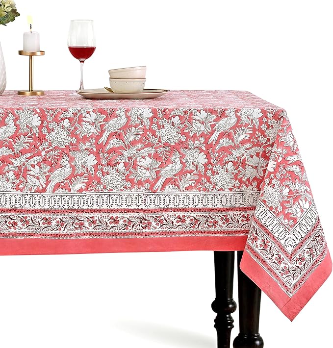 CPC Tablecloth 100% Cotton 72x190 Inch Indian Block Print Rectangle Table Cover, Pink Table Cloth for Weddings, Spring/Summer, Barbeque - Pink Coral