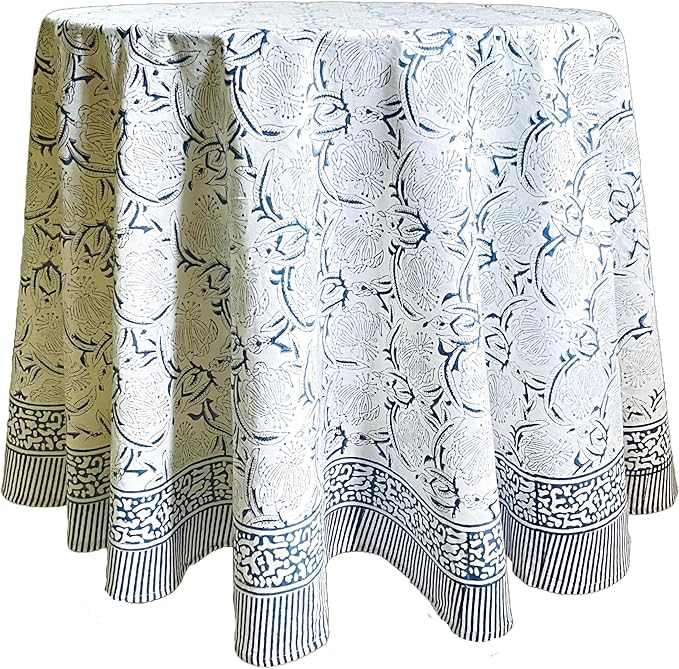 ATOSII Santorini 100% Cotton Round Boho Fall Tablecloth, Handblock Floral Table Cloth Linen for Kitchen Dining I Parties Wedding Outdoors Christmas Thanksgiving I 90" Inches Round I 6 Seater
