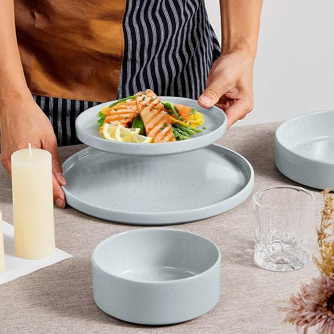 Herogo Stoneware Dinnerware Set with Salad Bowls, 8 Piece Plates and Pasta Cereal Bowls for 2, Kitchen Dinner Dish Set, Dishwasher & Microwave Safe, Speckled Light Gray