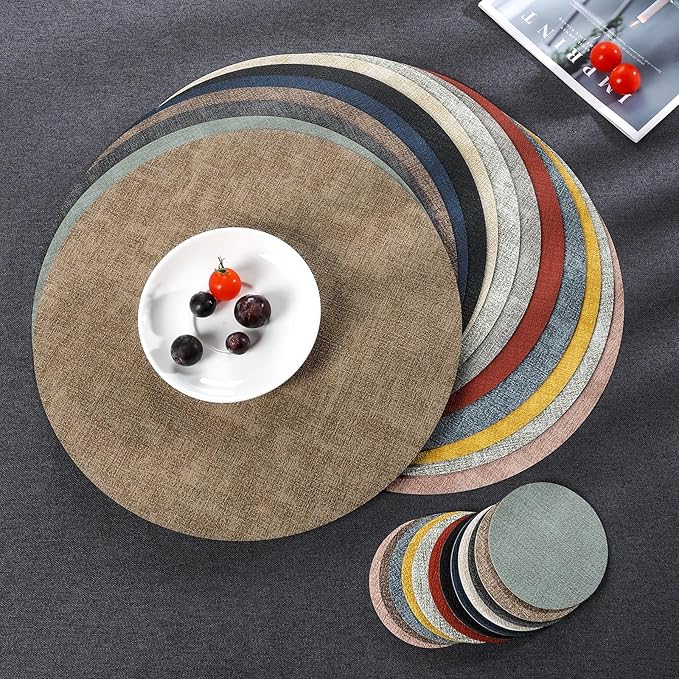 Myir JUN Round Placemats Dual Sided, Faux Leather Place Mats Set of 4 Indoor Placemats for Dining Table Outdoor Placemats Non-Slip Washable Table Mats (Set of 8, Gray Black)