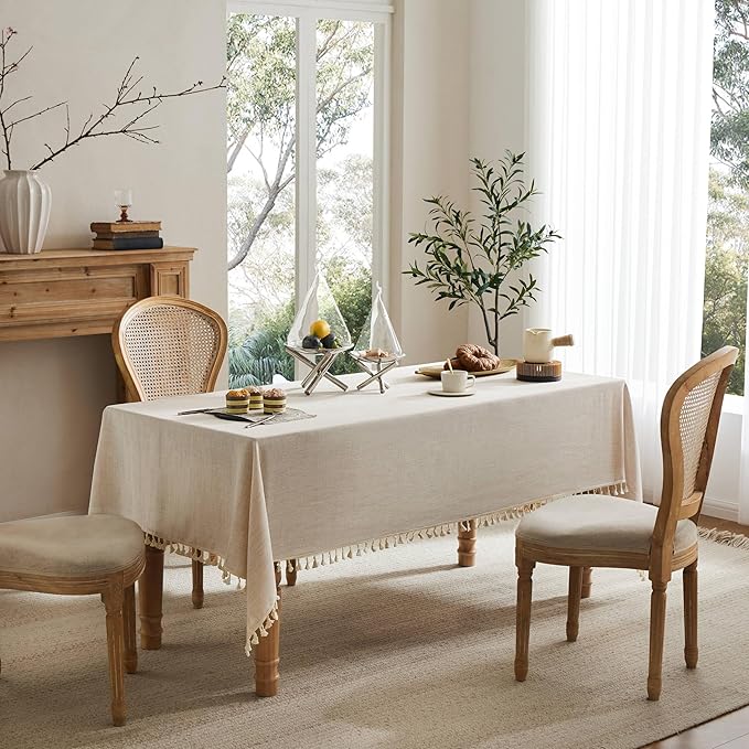 Linen Tablecloth with Tassels, Farmhouse Style Light Beige Tablecloth, Water Resistant Burlap Tablecloths for Rectangle Table, 52x70 Inch Light Tan