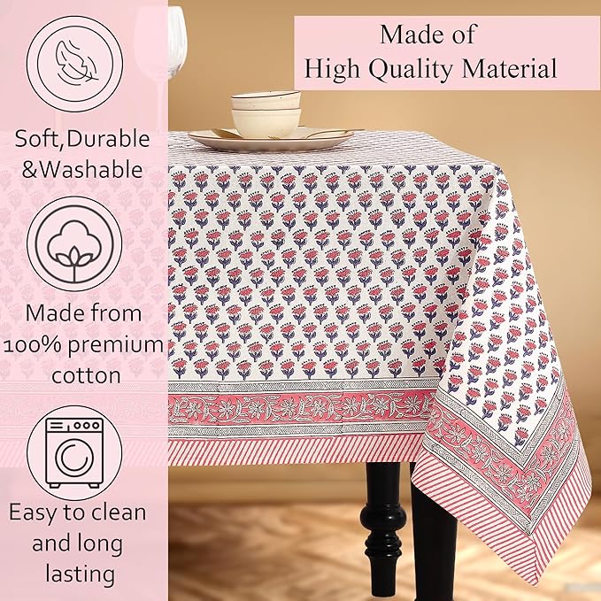 CPC Cotton Tablecloth 80x120 Inch Rectangle Indian Block Print Tablecloth- Pink Washable Wedding Table Cover for Thanksgiving/Christmas- Pink Sapphire