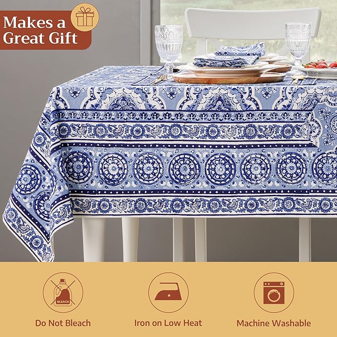 Maison d' Hermine Table Cloth Rectangle Table 100% Cotton 70 x 120 Inches Tablecloth Reusable Decorative for Dining Room Farmhouse Home Valentines Day Decorations Spring Summer - Melodie Bleue
