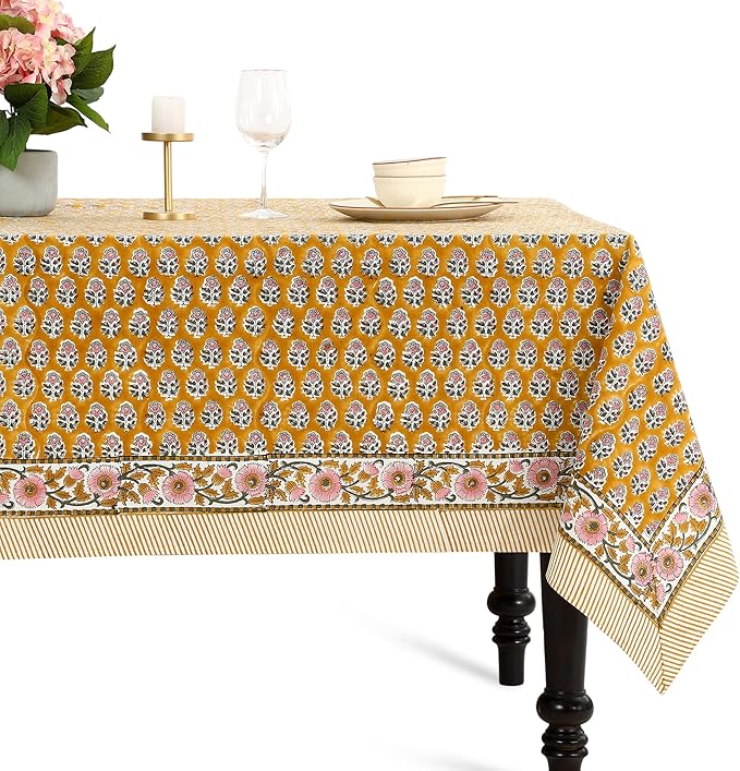 CPC Tablecloth 100% Cotton 80x120 Inch Indian Block Print Rectangle Table Cover, Gray Table Cloth for Weddings, Spring/Summer, Barbeque - Yellow Citrine