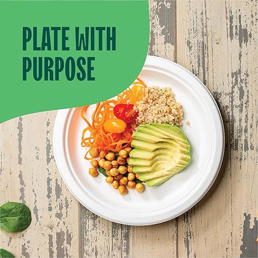 Stack Man 100% Compostable Paper Plates 9 Inch Heavy-Duty [125-Pack] Eco-Friendly White Bagasse Disposable Plates Made of Natural Sugarcane Fibers - 9" Biodegradable Plate (BPI-Certified) (PFAS-Free)
