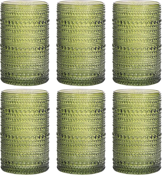 Moretoes Hobnail Drinking Glasses Set of 6,12 Oz Highball Glasses Clear Embossed Boho Water Glass Cups Kitchen Bar Tumbler Glassware Set for Whiskey, Beer, Juice, Milk and Various Mixed Drinks (Green)