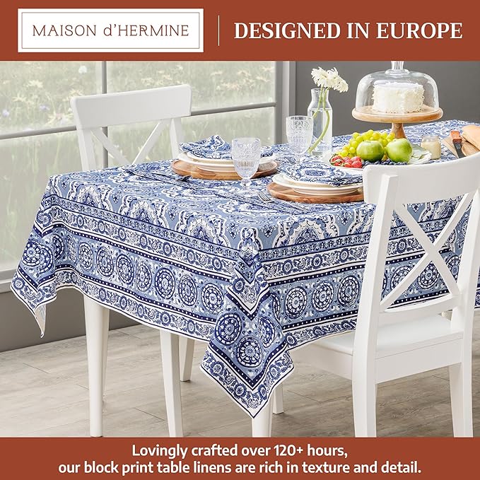 Maison d' Hermine Table Cloth Rectangle Table 100% Cotton 60 x 90 Inches Tablecloth Reusable Decorative for Dining Room Farmhouse Home Valentines Day Decorations Spring Summer - Melodie Bleue