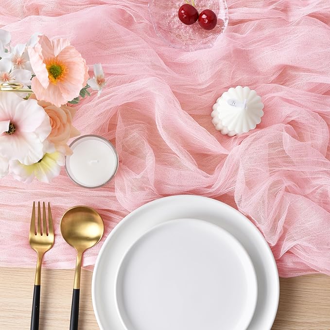Joanlody Blushing Pink Cheesecloth Table Runner Spring Easter 10Ft Rustic Gauze Boho Cheese Cloth Table Runner for Wedding Bridal Baby Shower Decoration 6 Pack