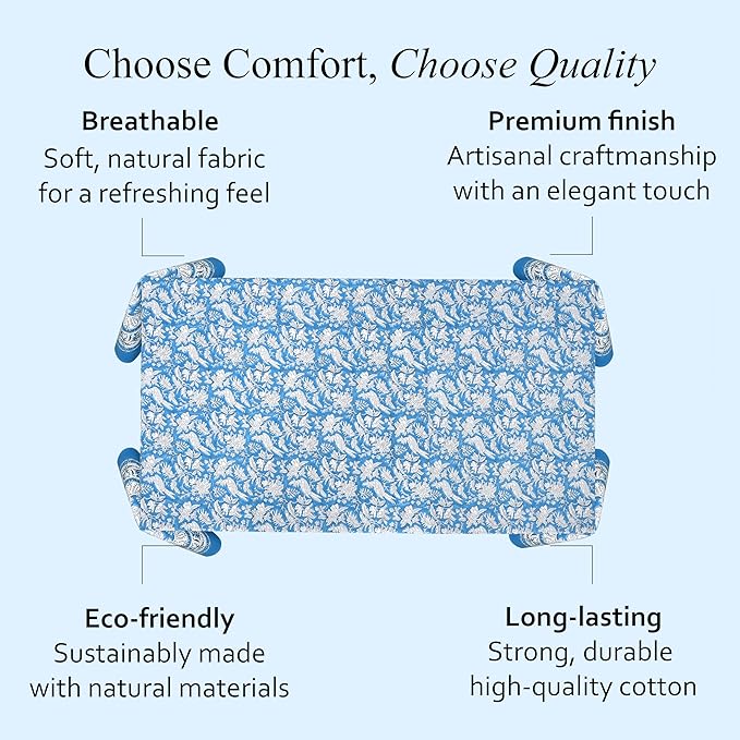 CPC Tablecloth 100% Cotton 70x118 Inch Indian Block Print Rectangle Table Cover, Washable Table Cloth for Weddings, Spring/Summer, Barbeque - Blue Sapphire