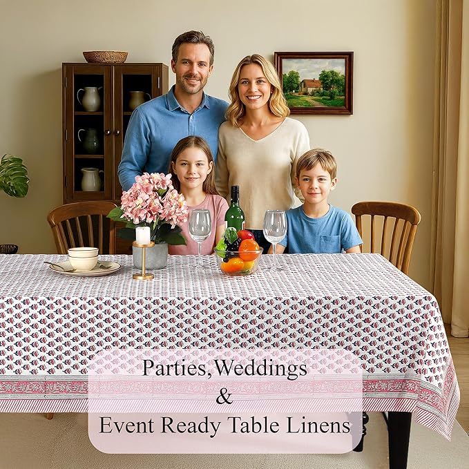 CPC Cotton Tablecloth 80x120 Inch Rectangle Indian Block Print Tablecloth- Pink Washable Wedding Table Cover for Thanksgiving/Christmas- Pink Sapphire