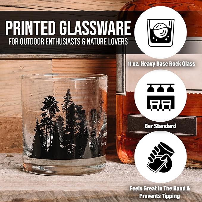 Rustic Bigfoot Whiskey Glasses – Set of 2 by Black Lantern | 11oz Heavy Base Glasses for Outdoor Lovers