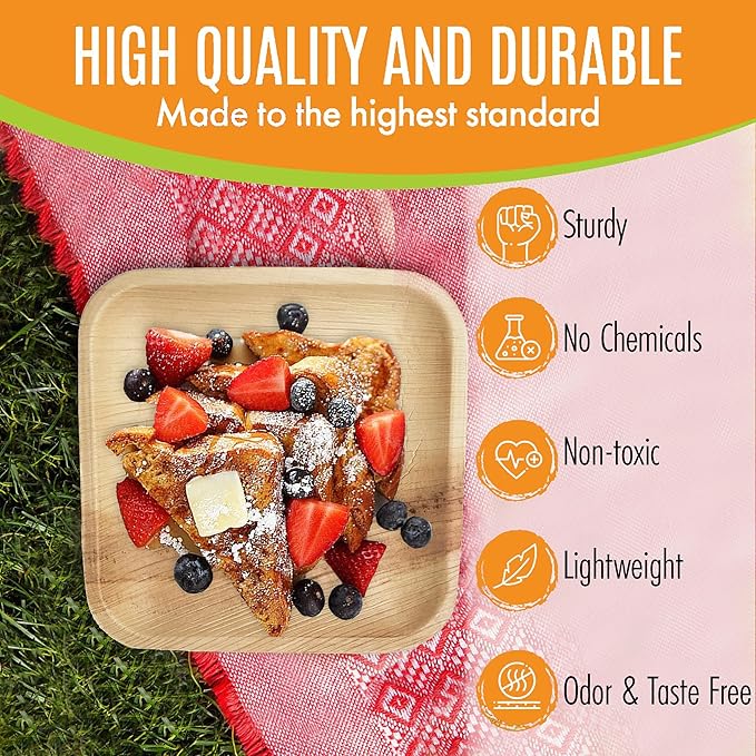 Raj Palm Leaf Plates [50-Pack] 7" Square Plates like Bamboo plates Disposable, Strong, Decorative Compostable Tableware for wedding, Lunch, Dinner, Birthday, Camping, Outdoor BBQ, Picnic