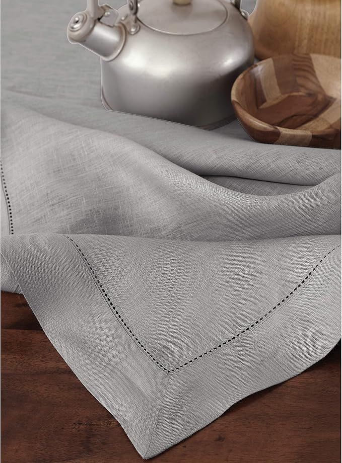 Solino Home Soft Grey Linen Tablecloth 60 x 120 Inch - 100% Pure Linen Hemstitch Table Cloth for Rectangle Tables - Classic Hemstitch, Machine Washable Tablecloth for Winter, Spring, Easter