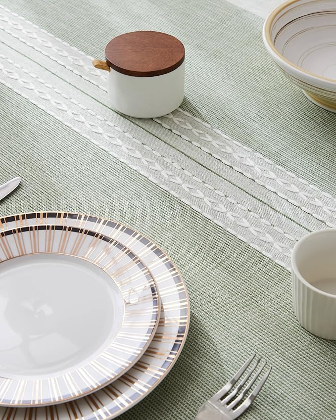 ZeeMart Contrast Linen Table Cloth Square Table Cloths 60x60 Inch Mid-Stripe Green, Farmhouse Style Heavy Weight Sage Green Tablecloth, Water Resistant Burlap Tablecloths