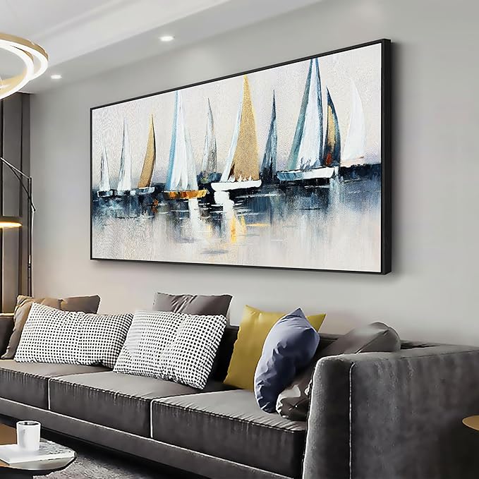 Abstract Wall Art Blue and White Sailboat Wall Paintings Framed Artwork for Living Room Bedroom Bathroom Office Home Decor Can Be Hung Directly 24"x 48"