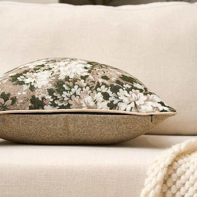 Yangest Neutral Floral Pillow Cover 20 x 20 Inches, Vintage Chenille Square Throw Pillow Cover Soft Decorative Farmhouse Accent Couch Pillow Cover for Living Room Bedroom, Green