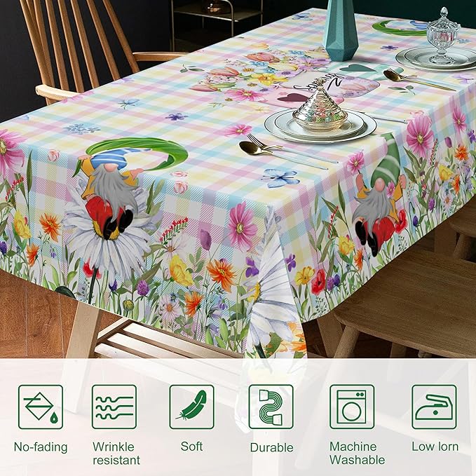 Spring Tablecloth, Rectangle 60 x 120 with Gnome Flowers, Oblong Tablecloth Buffalo Check Plaid Kitchen Table Cover for Dining Room Indoor Decor