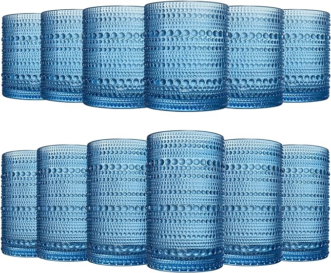 Hobnail Beaded Highball Drinking Tumbler Glasses | Set of 12 | Color, Vintage Bubble Design Whiskey Glassware, Old-Fashioned, Embossed Design for Water, Wine, Cocktail Embossed Heavy Glas, Rocks Glass