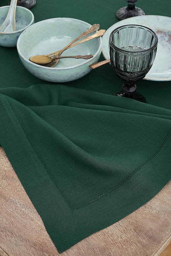 Solino Home Linen Tablecloth 60 x 90 Inch - Classic Hemstitch 100% Pure Linen Rainforest Green Table Cloth for Rectangle Tables - Machine Washable Tablecloth for Winter, St Patricks Day