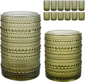 Vintage Hobnail Drinking Glasses Set of 12, 15 oz Highball Glasses & 12 oz Cocktail Glasses Set, Green Kitchen Water Glasses Cup, Bar Tumbler Glassware Set for Beer, Juice, Whiskey, Milk