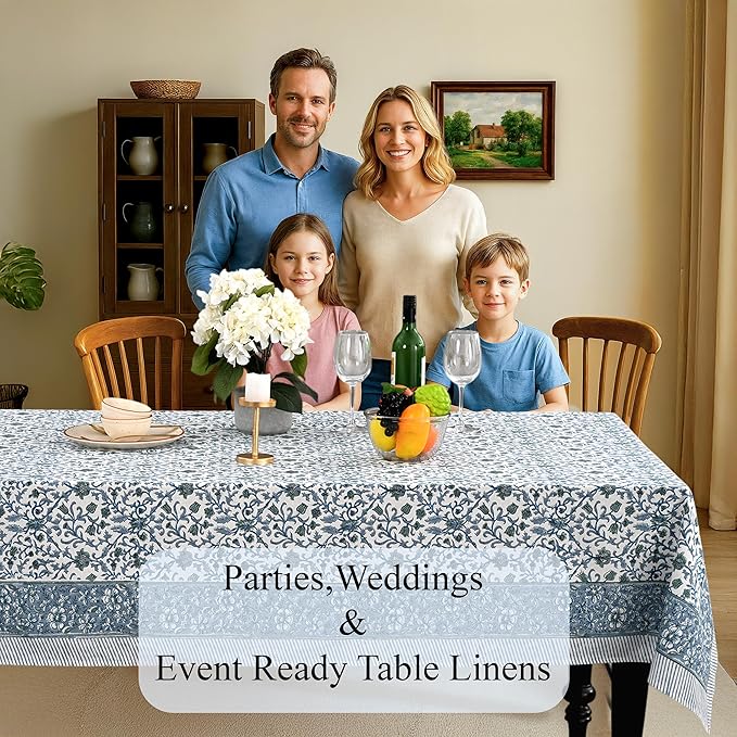 CPC Ocean Vine Tablecloth 100% Cotton 60x90 Inch Indian Block Print Rectangle Table Cover, Table Cloth for Gifting in Weddings, Halloween, Fall, Christmas, Thanksgiving