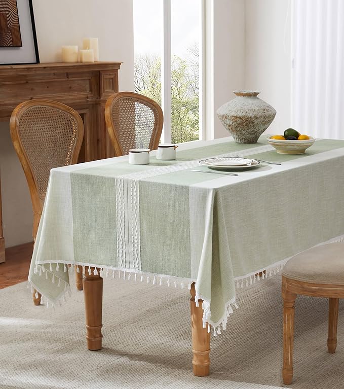 ZeeMart Contrast Linen Table Cloth Square Table Cloths 60x60 Inch Mid-Stripe Green, Farmhouse Style Heavy Weight Sage Green Tablecloth, Water Resistant Burlap Tablecloths