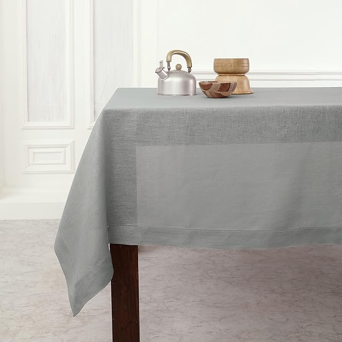 Solino Home Soft Grey Linen Tablecloth 60 x 120 Inch - 100% Pure Linen Hemstitch Table Cloth for Rectangle Tables - Classic Hemstitch, Machine Washable Tablecloth for Winter, Spring, Easter