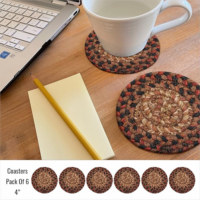 Homespice Gingerbread Jute Woven Rope Coasters 4", Warm Country Decor, Set of 6, Brown - Durable, Absorbs Moisture, Easy to Clean and Protects Furniture