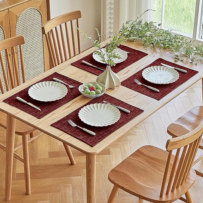 Softalker Faux Linen Placemats Set of 8-12 x 18 Inch, Heat Resistant Double Layered Durable Burlap Farmhouse Place Mats, Non-Slip Washable Rustic Table Mats for Dining, Kitchen, Party（Red