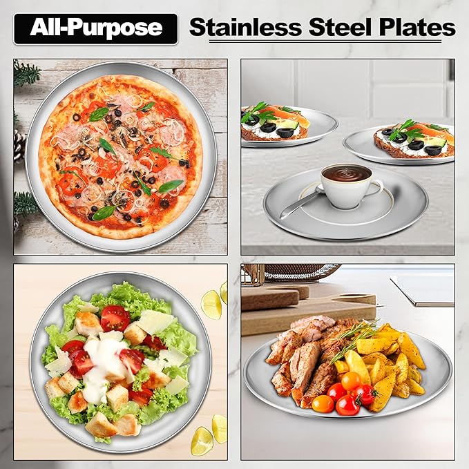 E-far 6-Piece Stainless Steel Plates, 9 Inch Metal Dinner Plates Dishes for Home, Picnic, Outdoor Camping, Healthy & Non-Toxic, Shatterproof & Dishwasher Safe