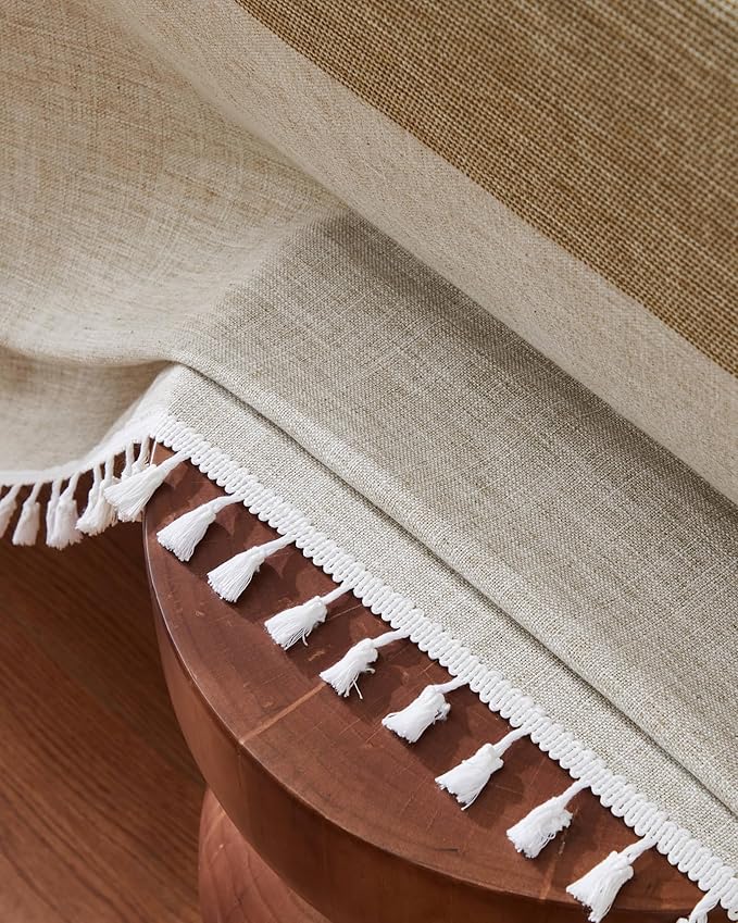 ZeeMart Contrast Linen Round Tablecloth 60 Inch Mid-Stripe Brown, Farmhouse Style Round Table Cloth Heavy Weight Beige Tablecloths, Water Resistant Burlap Table Cloths