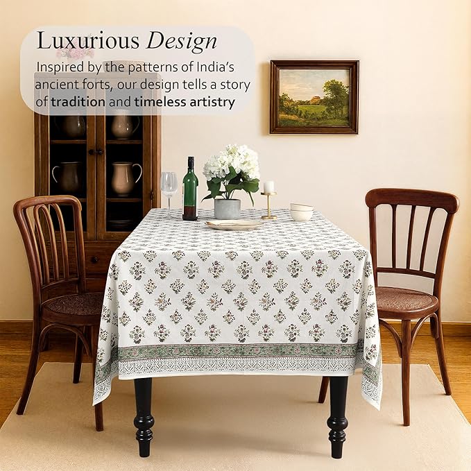 Cotton Print Club-100% Pure Cotton 80"x120" Tablecloth- Indian Hand Block Printed Rectangle - for Wedding, Mothers Day-Forest Green